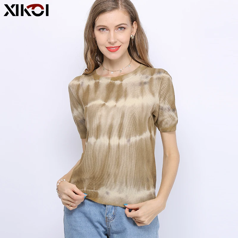 XIKOI 2021 Women Striped Short Sleeve Khaki Oversized Sweaters Shirts O-Neck Cropped Summer Sweater Pullover For Female