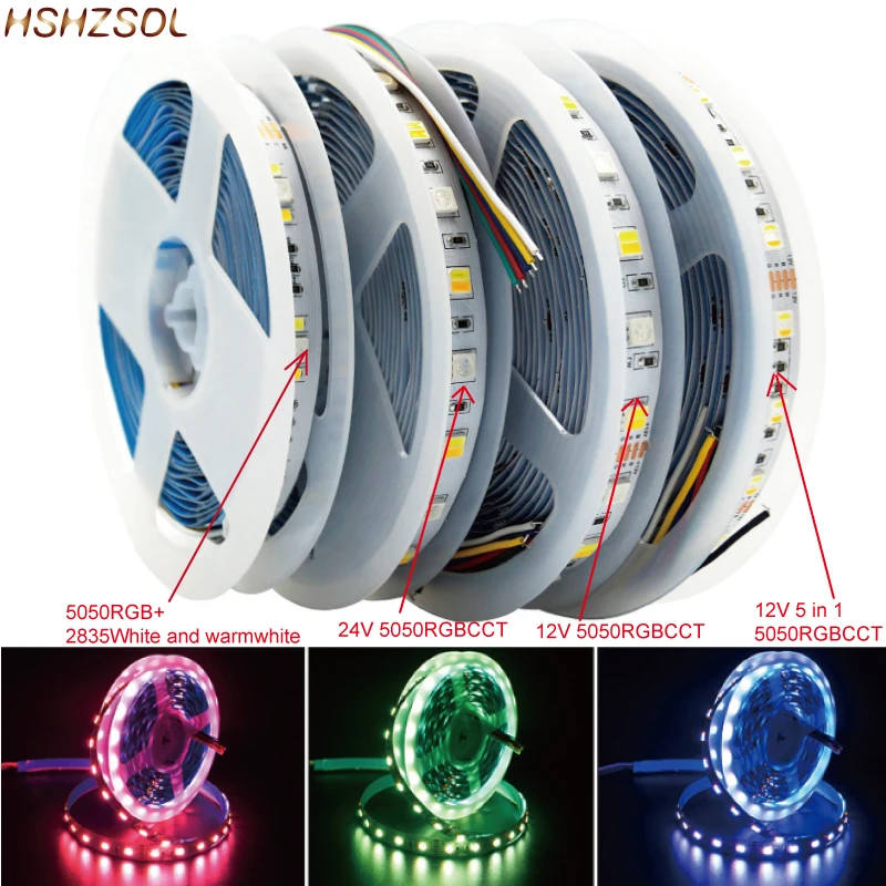 5050 SMD LED Strip RGBCCT 2835 RGB+white+warm 5 in 1 Flexible LED String light  Led Tape light 5m/300Leds 12V 24V Home decorate