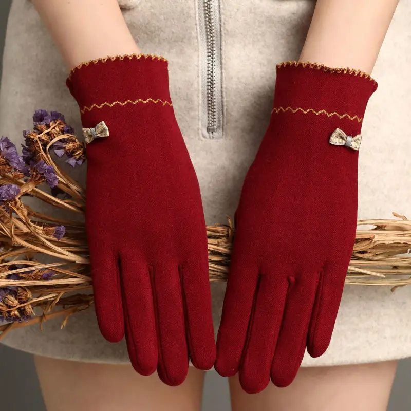 Autumn Winter New Women Keep Warm Touch Screen Thin Fleece Windproof Elasticity Gloves Elegant Female Retouch Bowknot Simple