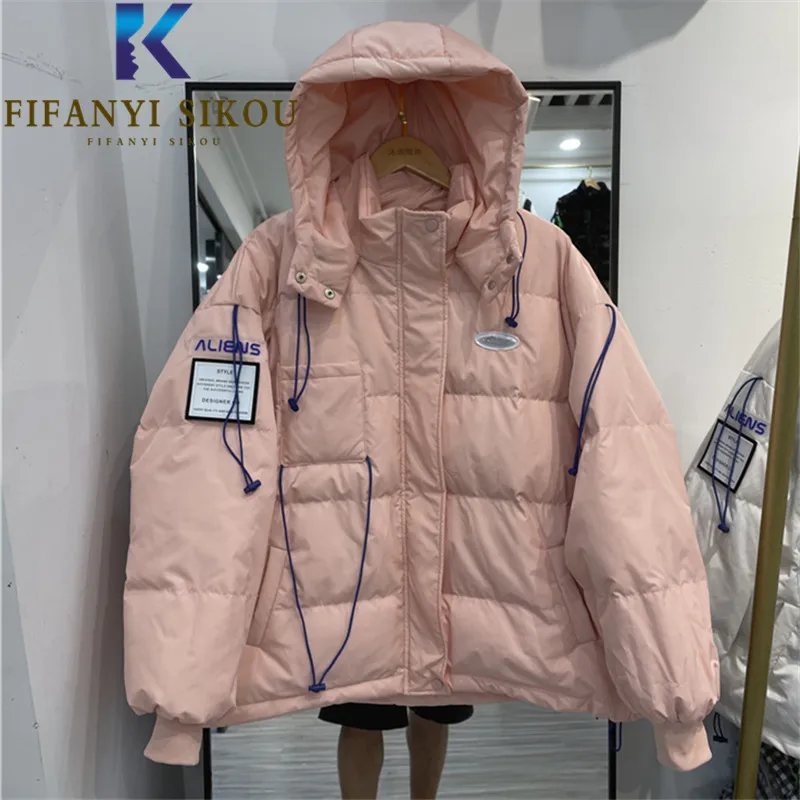 

Winter Jacket Women 2021 New Zipper Pocket Fashion Hooded Down Jackets High Quality Loose Cotton Coat Thick Warm Parkas Female