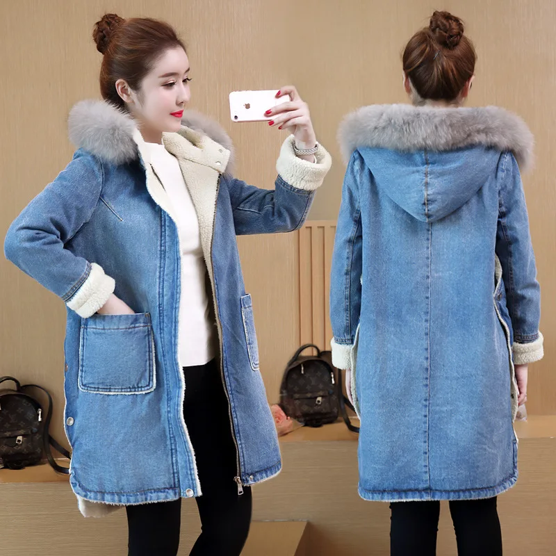 Elegant Women's Denim Jacket + Fur Hooded Korean Winter Coat Female Parkas Mujer 2020 Warm Wool Liner Long Coats 1213