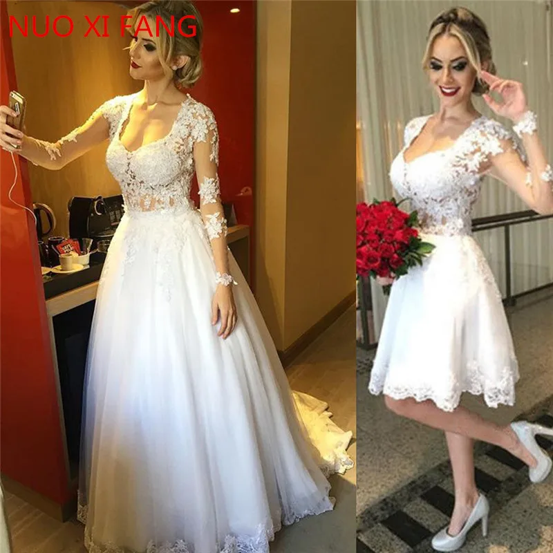 Vestido De Novia 2022 abito da sposa in pizzo a manica lunga 2 in 1 gonna staccabile abito da sposa indietro illusione abiti da sposa principessa