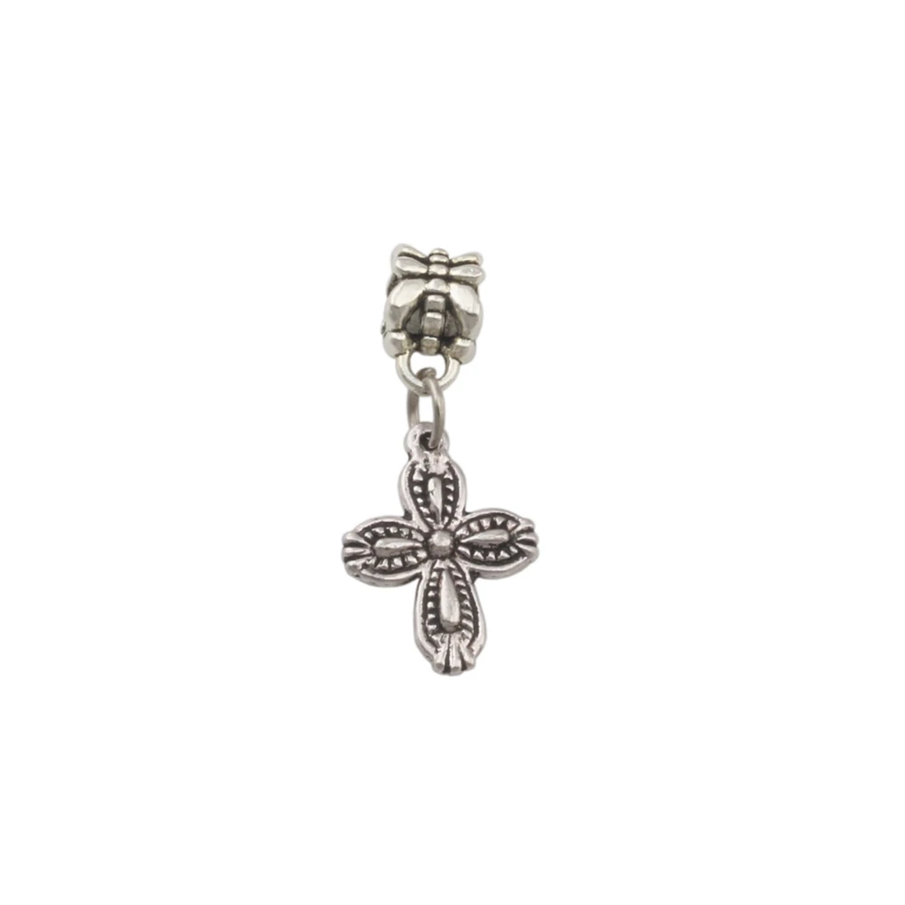 100pcs Dangle Zinc Alloy Cross Flower Charm Big Hole Beads Fit European Charm Bracelet Jewelry 13x30mm A-273a