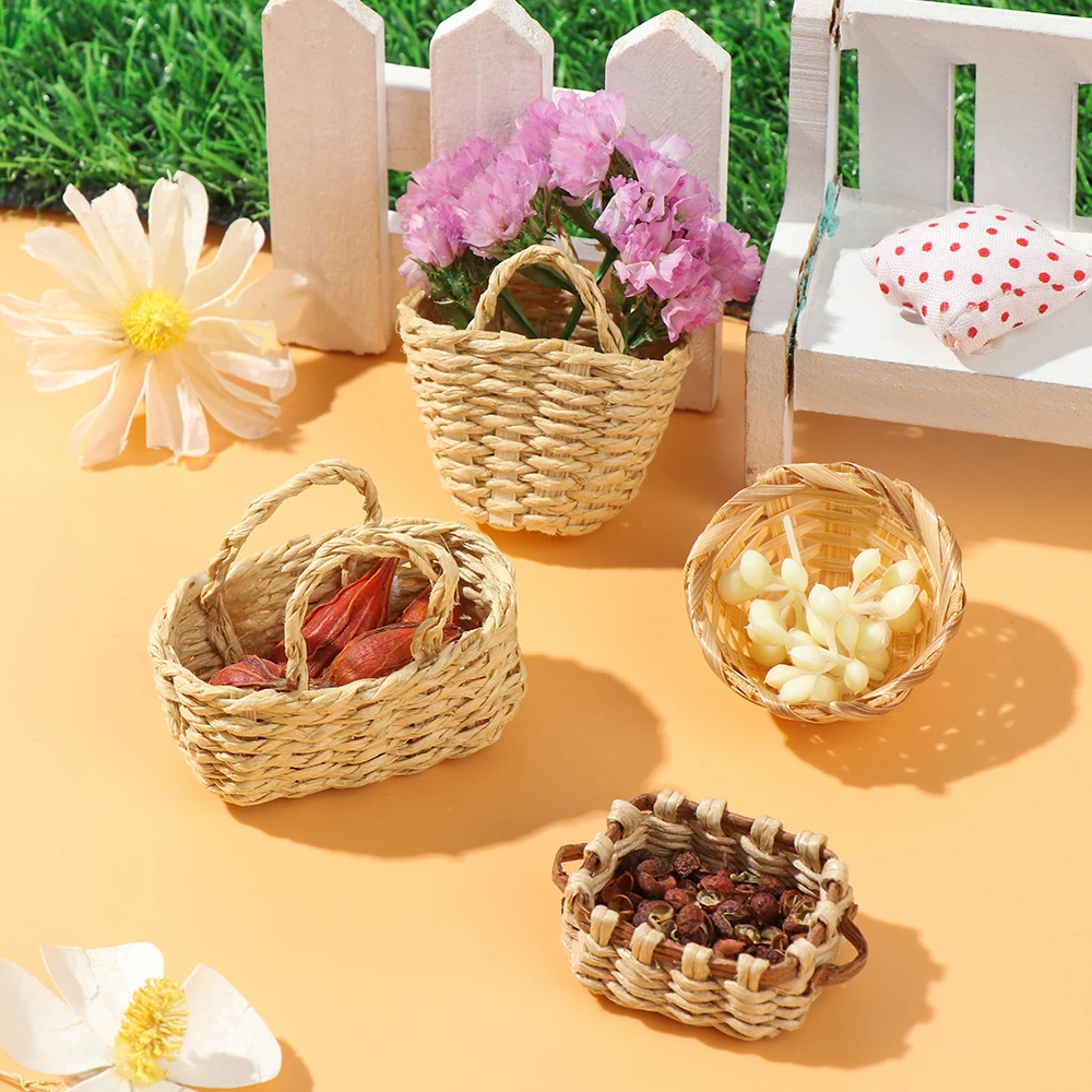 1/12 Scale Dollhouse Furniture Storage Basket Vegetable Food Hand-woven Iron Frame Dollhouse Miniature Decoration Kids Gift