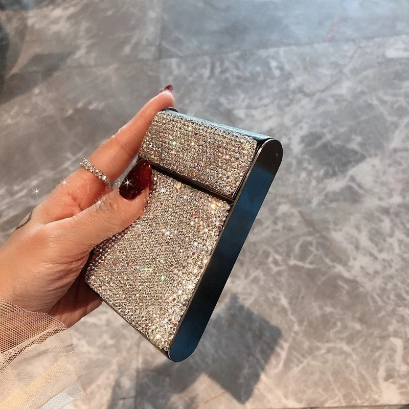 Creative Crystal Diamonds Cigarette Case Thin Metal Anti-pressure Portable Leather Fashion Smoking Tools Storage Box Women Gifts