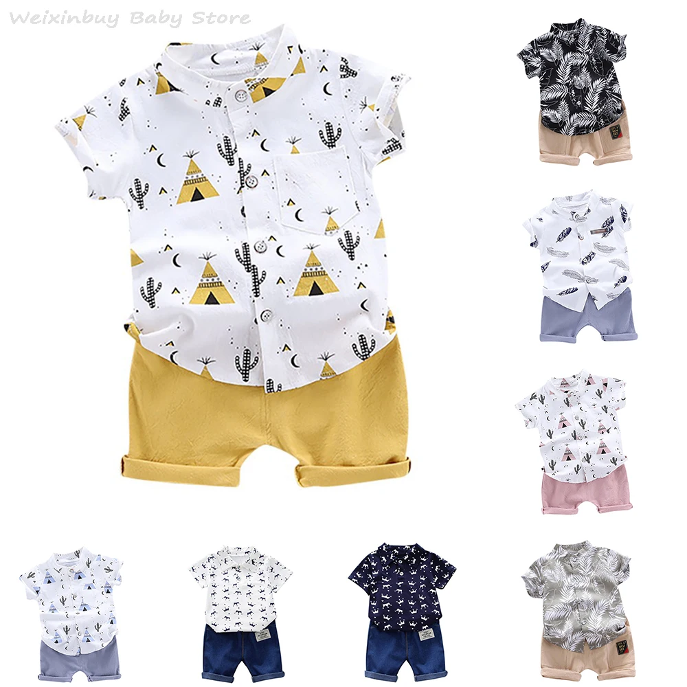 Summer Baby Boy Clothes Sets Fashion Leaves Pattern T-shirt Short Sleeve Cartoon Blouse+Shorts Kids Outfits Children Tracksuit