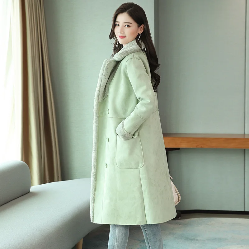 NiceWinter แฟชั่น Faux หนัง Suede ขนสัตว์ Sheepskin ยาวผู้หญิงเกาหลีหลวม LambswoolPlus กำมะหยี่ Thicken Outerwear หญิง