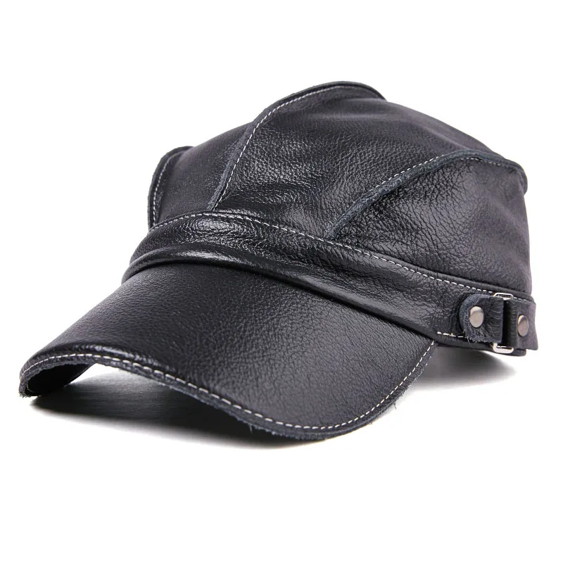 Fashion Unisex High Quality Real Leather Military Caps Sailor Hats Women Men Black Brown Flat Top Captain Cap Travel Cadet Hat