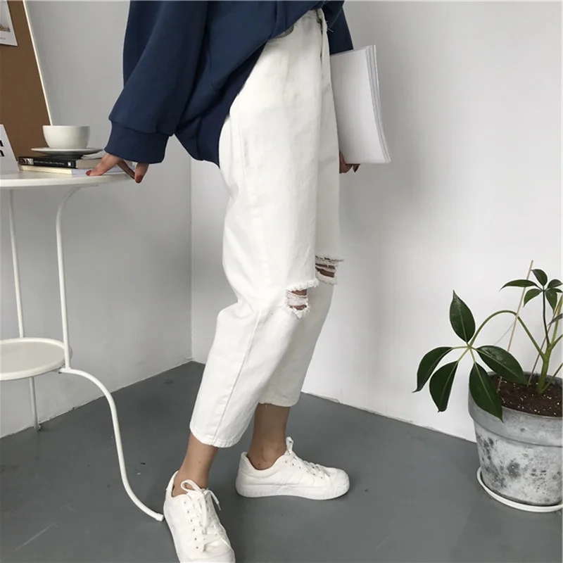 Jeans Women Ripped Hole High Waist Zipper Fly Button Straight Ankle-length Womens Trousers Basic Bottoms Black Jean Femme Chic