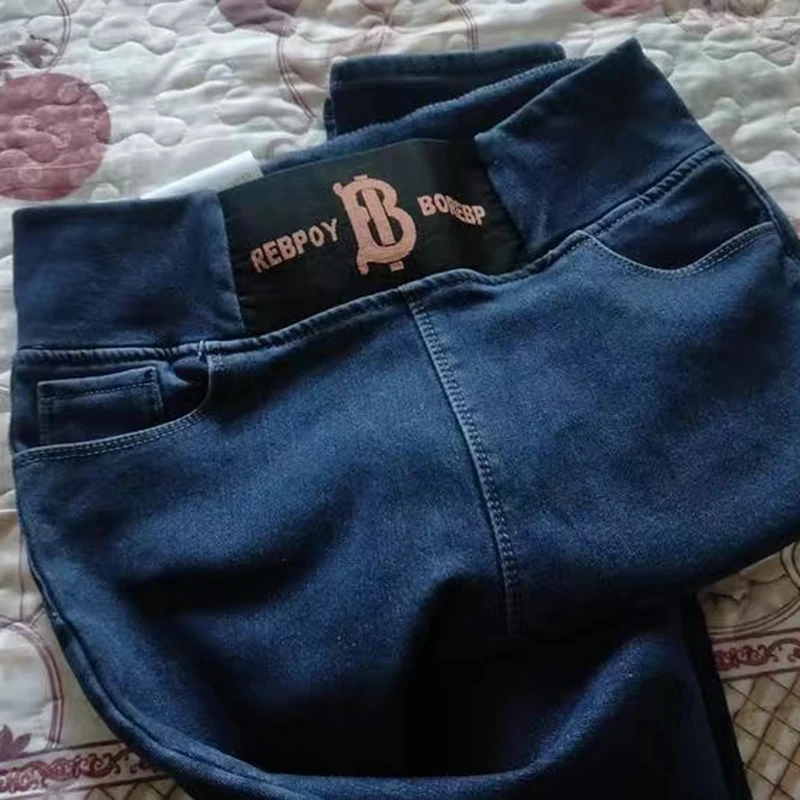 Artı boyutu 26-34 sıska dar kot kadınlar için yüksek bekler Streetwear Legging kot pantolon Casual mektubu baskı ince streç kot