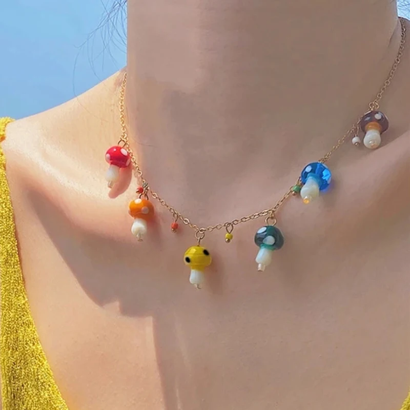 Women Girls Cute Colorful Mushroom Pendant Necklace Colorful Beaded Necklaces Fashion Jewelry Gifts