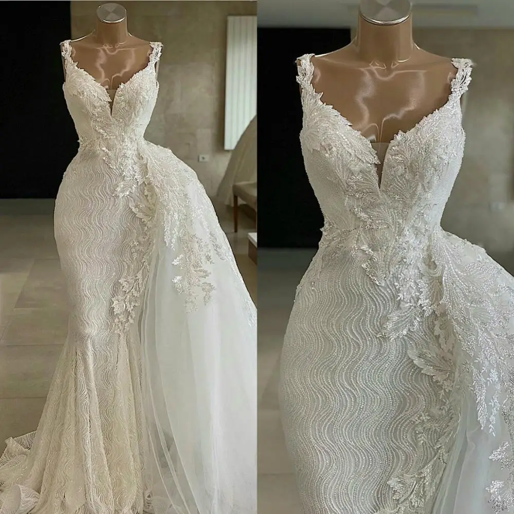 

Real Image Mermaid Wedding Dresses With Detachable Skirt V Neck Applique Lace Wedding Dress Bridal Gowns Beaded Robes De Mariée