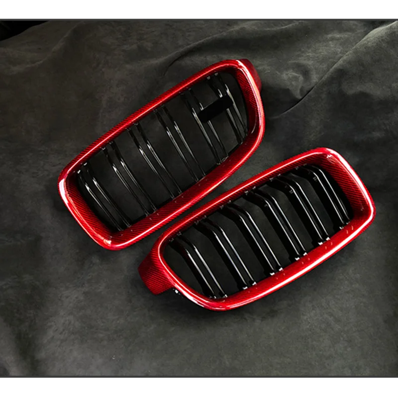 1 Set Auto Part Red Carbon Fiber Car Bumper Grilles For BMW 3 Series F30 F35 2012-IN 2-Line For F30 Kidney Mesh Grille