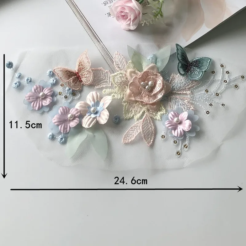 結婚式のドレス、青の刺embroidery、蝶とビーズ、アフリカのレースパッチ、衣類の装飾、DIY縫製、1個用の3Dキラキラアップリケ