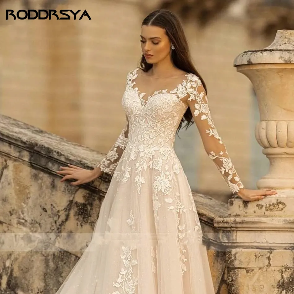 Rodrsya – robe de mariée élégante à lacets, col rond, ligne a, manches longues, robe de plage, style bohème, grande taille Elegant o - neck robe de mariée lacets a - word appliques manches longues plage robe de mariée