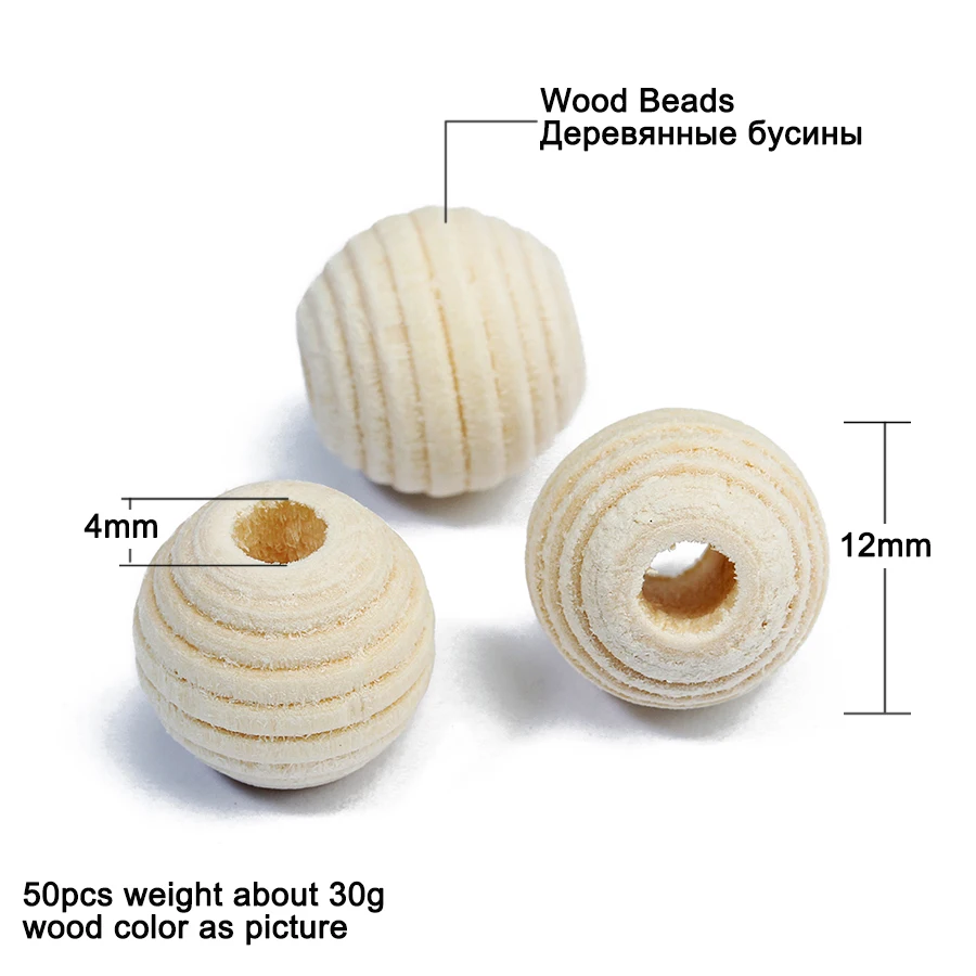 50pcs Round Ball Beads Dia 12mm Bulk Wood Spiral Loose Charm Beads Hole 4mm for DIY Jewelry Making Findings Accessories