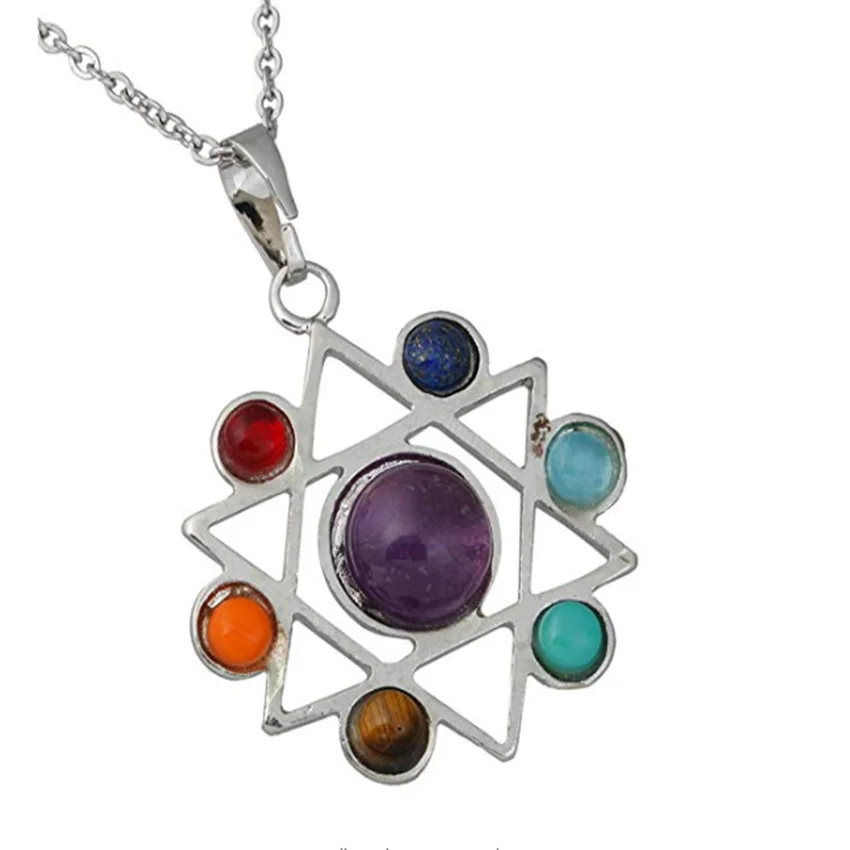 

FYJS Unique Silver Plated Star of David with Colorful Small Stone Pendant Healing Chakra Necklace Amulet Jewelry