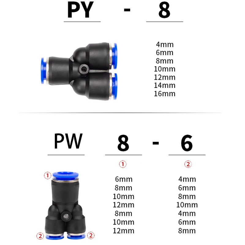 100pcs 50 개/갑 많은 PY 공압 피팅 공기 피팅 Y 유형 3 방향 4mm 6mm 8mm 10mm 12mm 튜브 퀵 푸시 인 커넥터