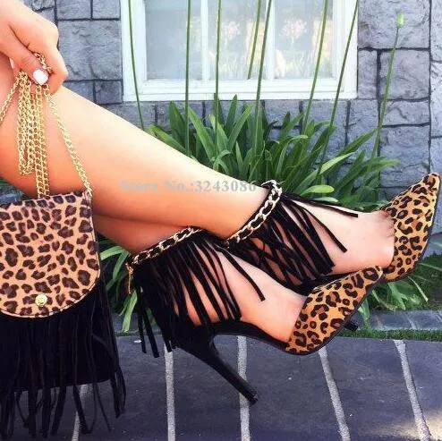 Women Sexy Leopard Fringe Pumps Shoes Fashion New Pointed Toe Stiletto Heel Metal Chains Sandals Shoes Lady Real Photo High Heel