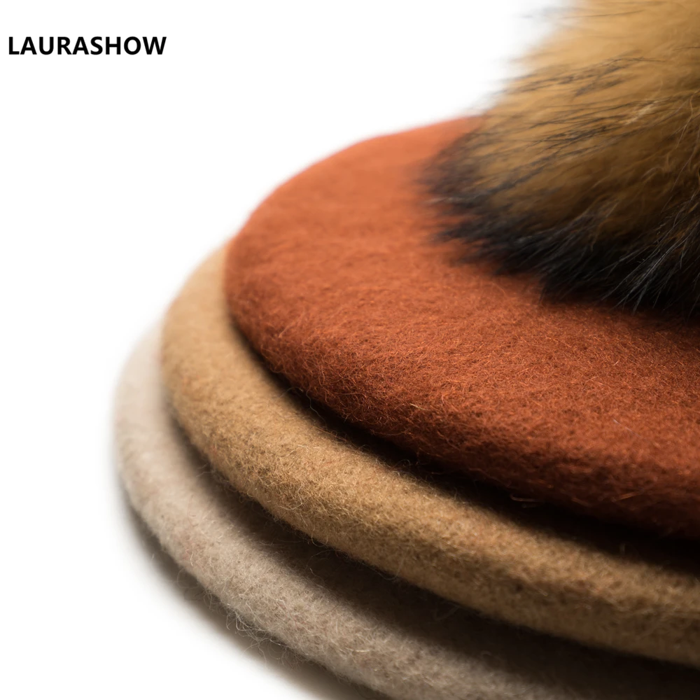 Laurashow Baby Beret Warm Wool Winter Beanie Hat With Real Fur Ball Pom Poms Girl Vintage Plain Kids Beret Hats Parent-child Cap