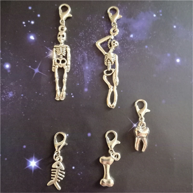 5pcs/lot Punk Jewelry, Skeleton Keyring, Small Teeth Clip on Charm, DIY Jewelry Material, Bone Pendant Bags Jewelry Gift