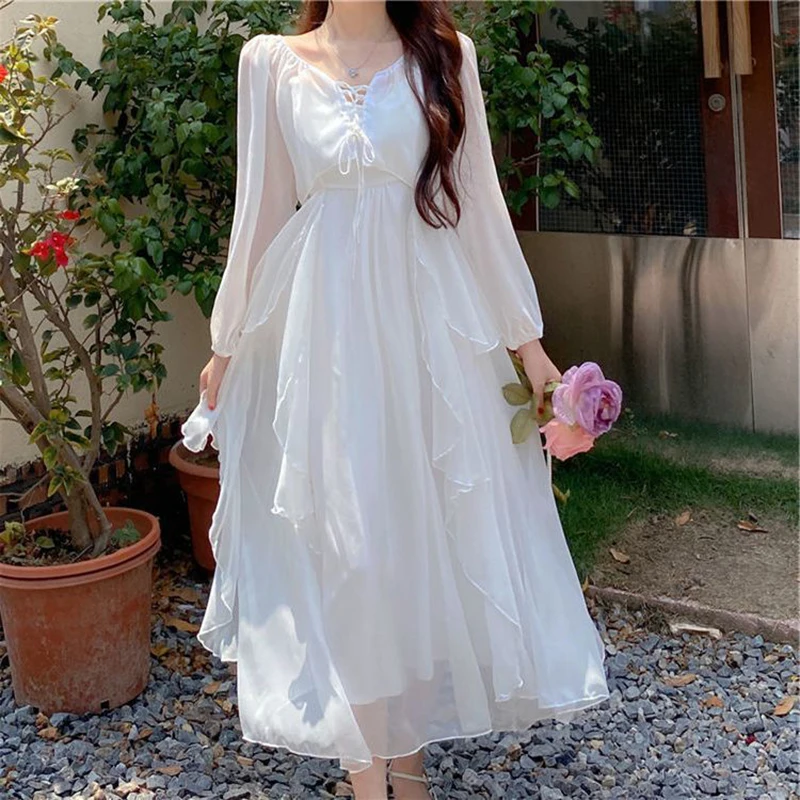 Summer Women Long Dress Suspender Ruffles Chiffon Fairy Dress White Apricot Korean Elegant Feminine Holiday Beach Party Dresses