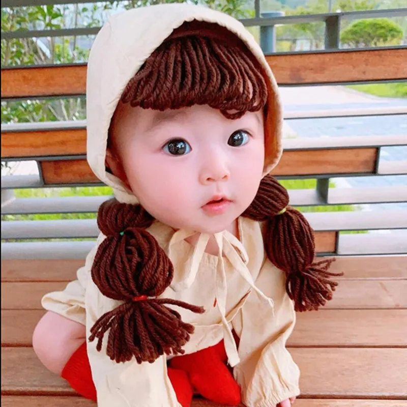 Cute Spring Autumn Infant Baby Girl Princess Hat Khaki Hair Pigtail Braid Wig Cap 2 pcs Set Children Kids Girls Hats and Caps