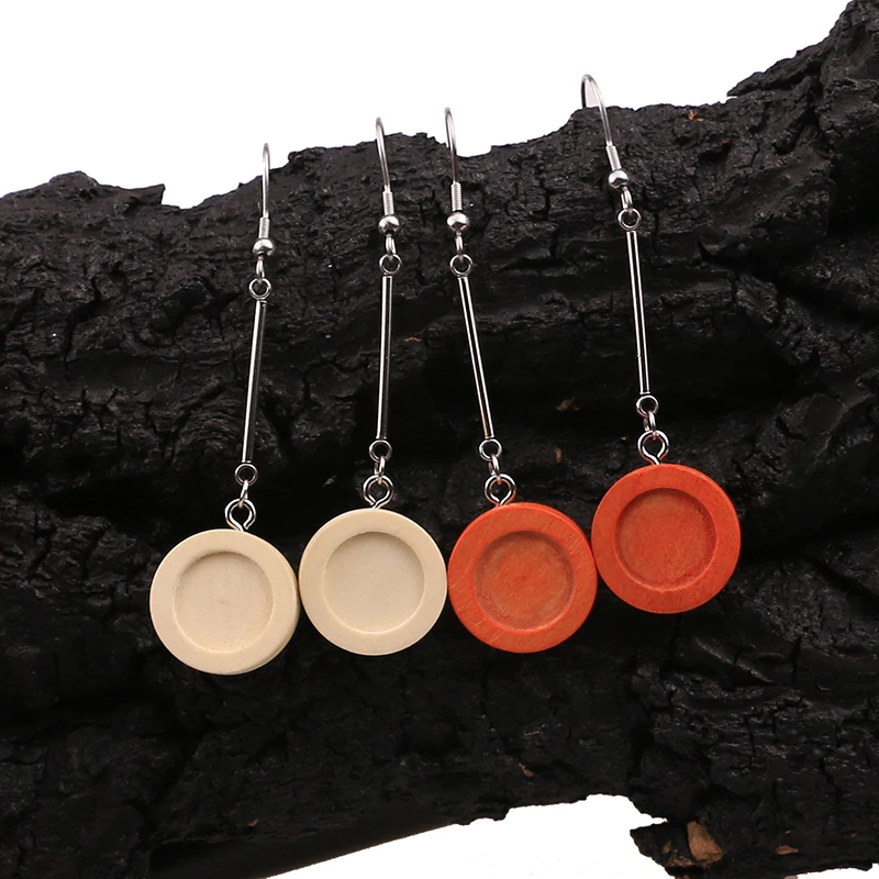 10pcs/lot Wood 12mm Cabochon Earring Base Settings Blank Long Earrings Bezel Trays Diy Stainless Steel Earring Hooks Findings