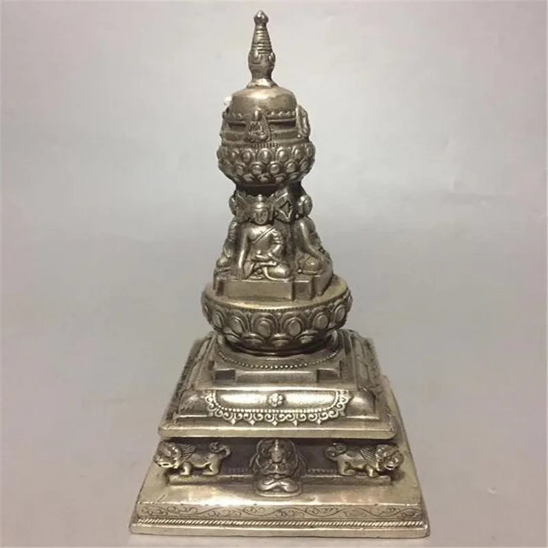 

Buddhism Tower Feng Shui Bronze Collection Four Face Buddha Statue Tibet Silver Tibetan Pagoda Decoration