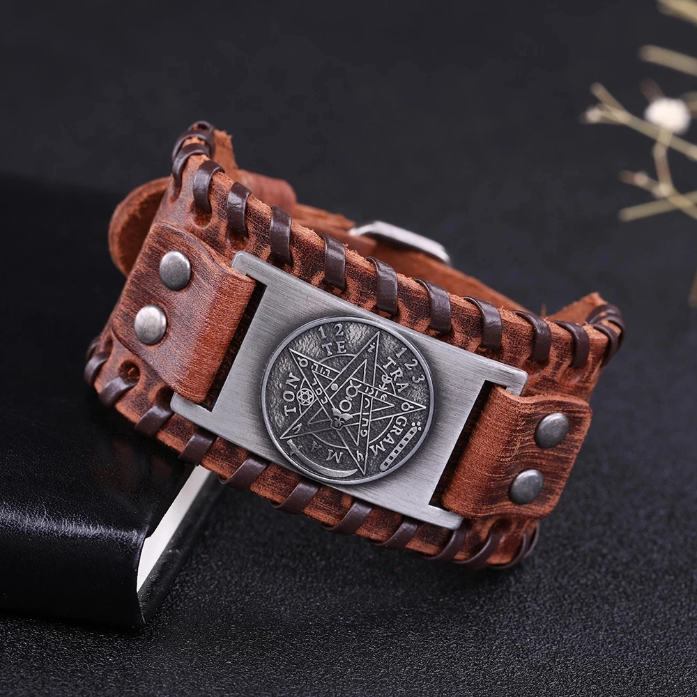 My shape Tetragrammaton Pentacle Pentagram Leather Bracelet Bangles for Men Gift Amulet Wiccan Talisman Pendants Vintage Jewelry