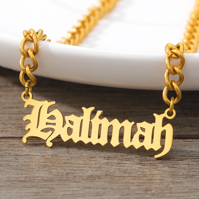 Custom Gothic Old English Nameplate Necklace For Women Stainless Steel Chain Choker Necklaces Men Boho Pretty Jewelry Gift 2024