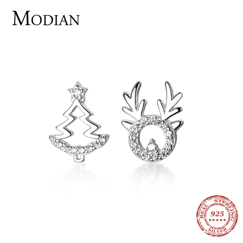 MODIAN New Animal Plant Asymmetry Stud Earring for Women 925 Sterling Silver Christmas Tree Elk Pattern Ear Pin Fine Jewelry