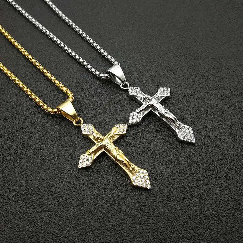 Gold color tone Cross Christ Jesus Pendant Necklace with zircon 316L Stainless Steel Link rolo Chain Heavy Men Jewelry Gift