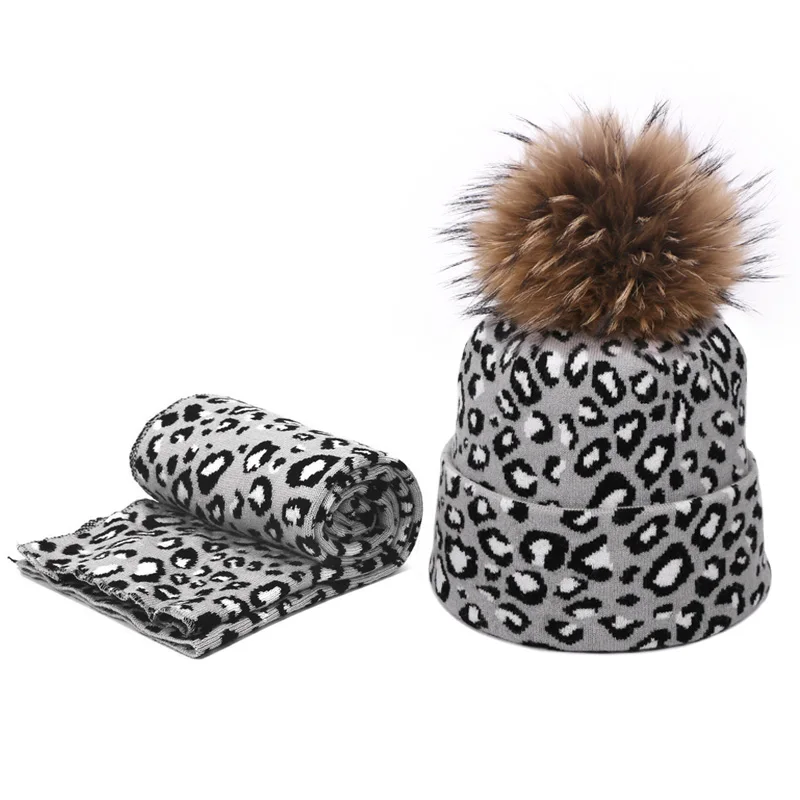 2019 Winter Leopard Crochet Beanie Hat Thick Female Women Knit Hat Beanies With Real Fur Pompon Hair Ball Warm Outdoor Girl Cap