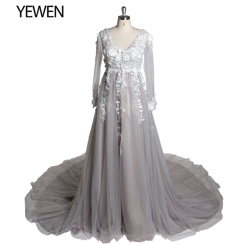 

Luxury Sexy White 1M Train Long Sleeves Lace Wedding Dress Bridal Gown Plus Size YEWEN