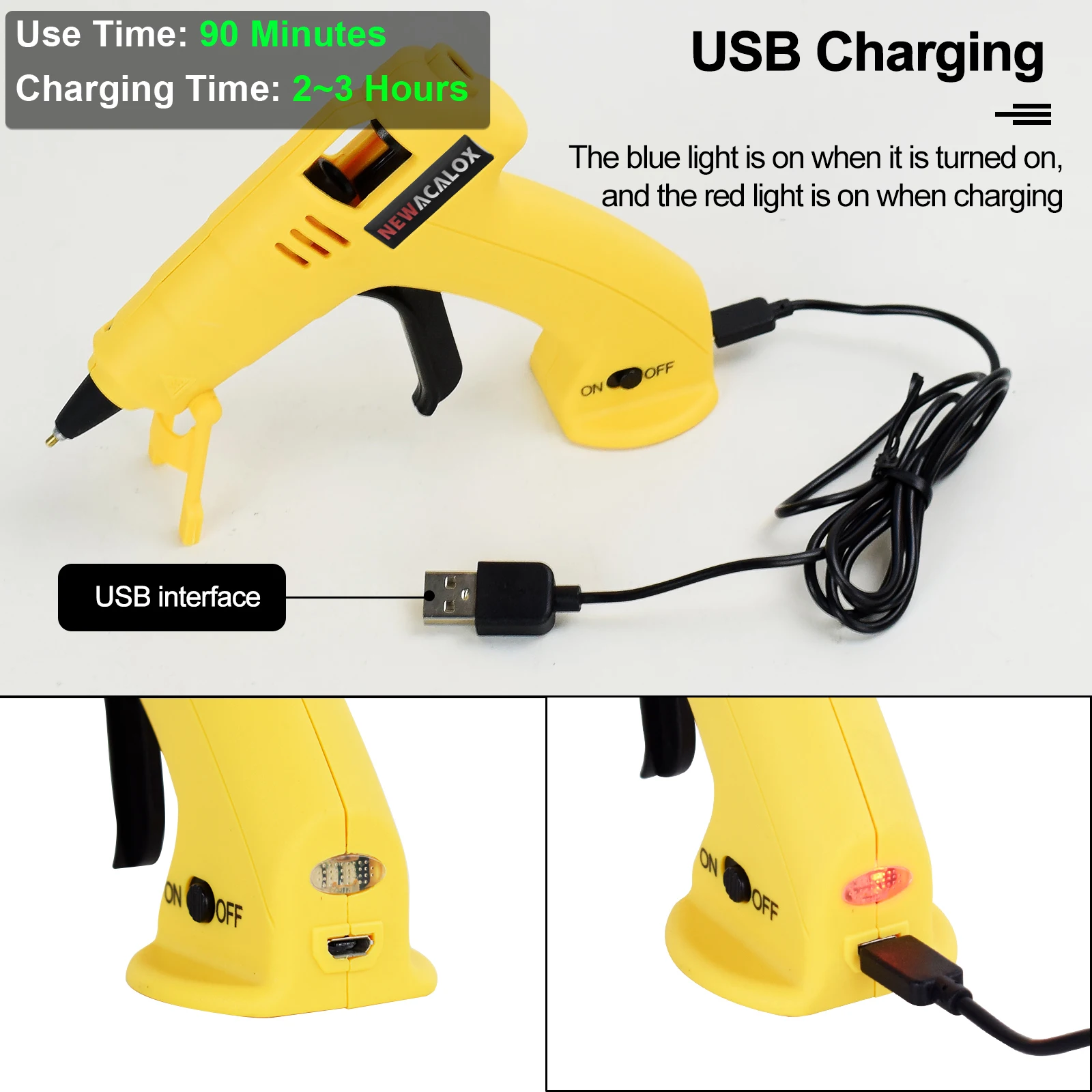 NEWACALOX USB Rechargeable Cordless Hot Melt Glue Gun with 100Pcs 7mm Glue Sticks Mini Glue Gun for Crafting Home DIY Tool