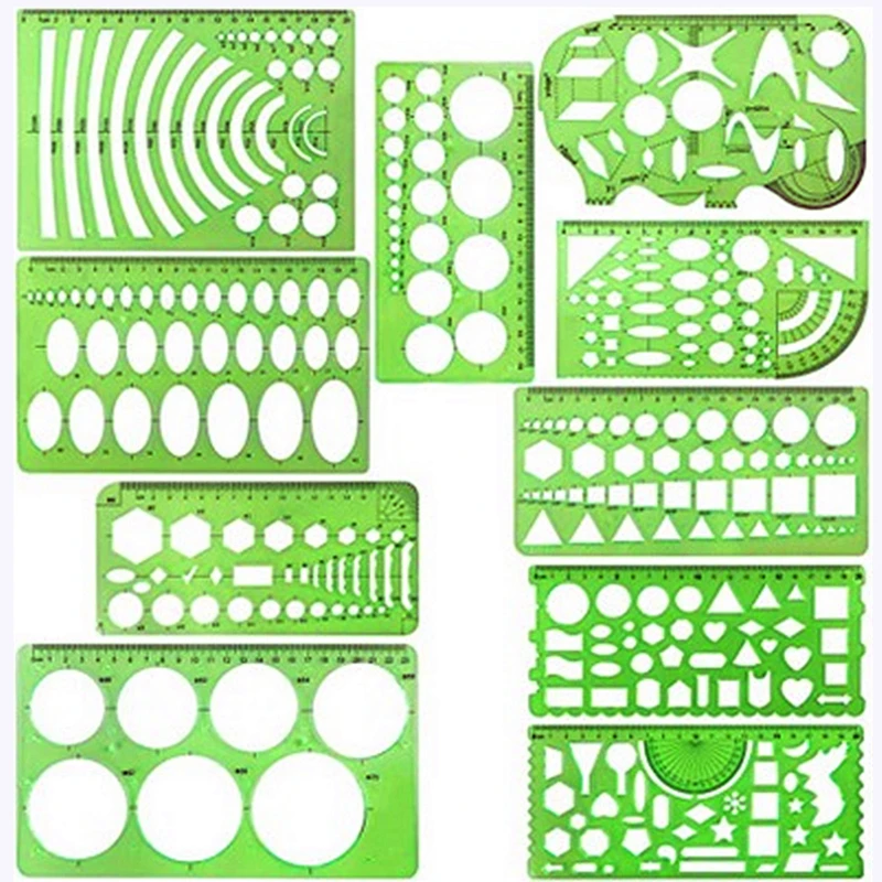 12 different rulers Green Plastic Circles Geometric Template Ruler Architectural Design Ruler Stencil Measuring Tool Students