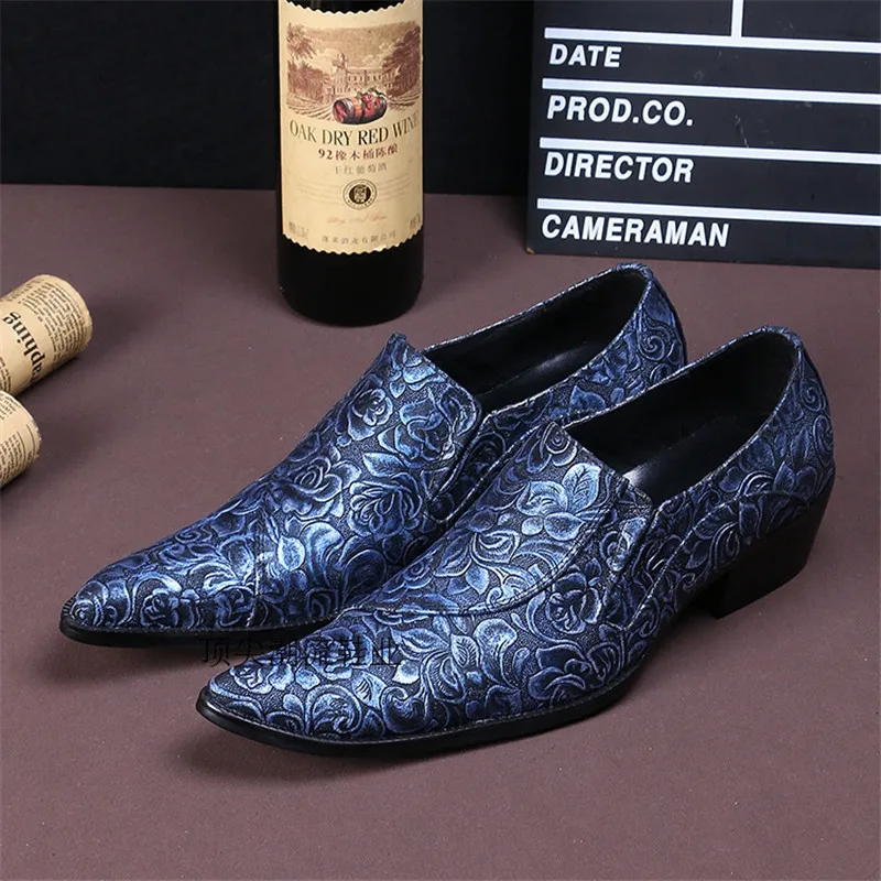 Zapatos Hombre Vestir Formal Genuine Leather Print Shoes Men Blue Pointed Slip On Shoes Handmade Comfortable Formal Dress Shoes