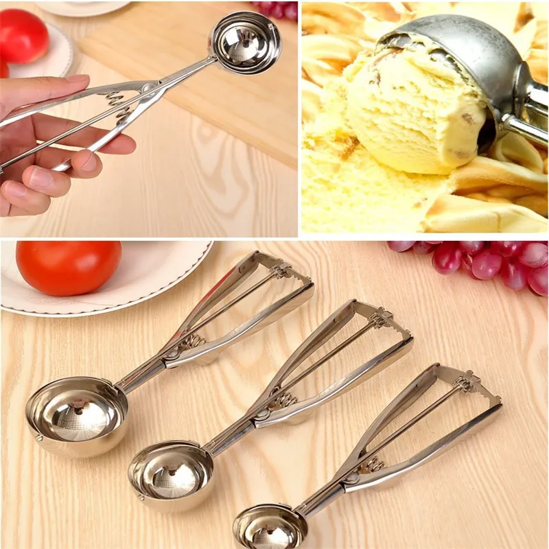 3 Size Stainless Steel Ice Cream Scoop Stack Spoon With Trigger Cookie Spoons Handle Fruit Baller Kitchen Tools Set