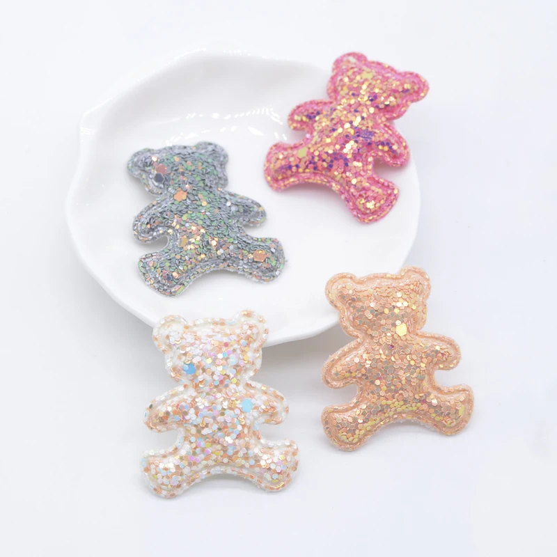 20Pcs 32*36mm Glitter Leather Padded Bear Appliques for Craft Clothes Sewing Supplies DIY Headwear Clips Bow Decor Accessories