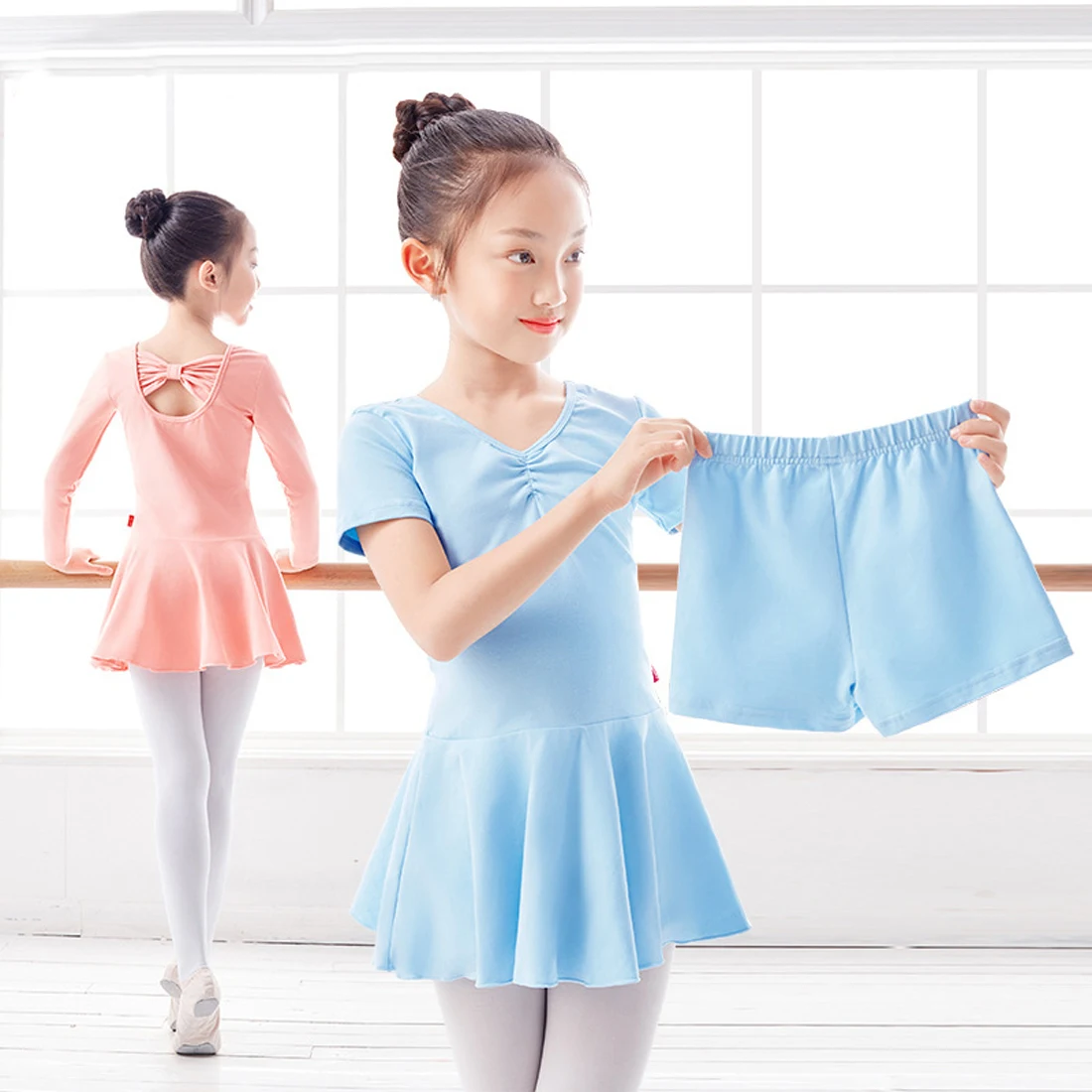 2Pcs Child Girls Swan Ballet Dance Dress Kids Gymnastics Practice Performance Wear Short/ Long Sleeve Clothes with Shorts