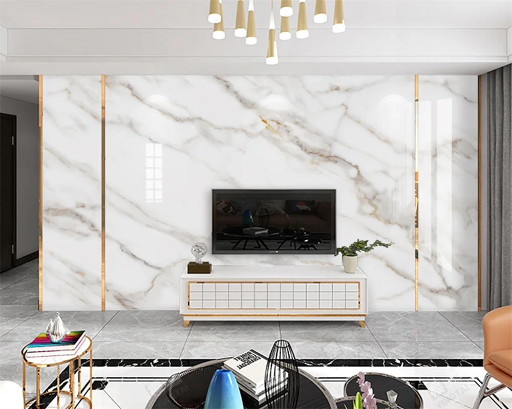 beibehang Customized modern papel de parede golden silk white jade marble pattern jazz white slab TV background wallpaper