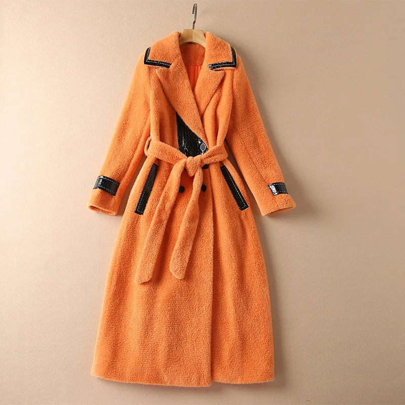 European and American women's clothing winter 2022 new Long sleeve double breasted belt imitation of color carved wool coat