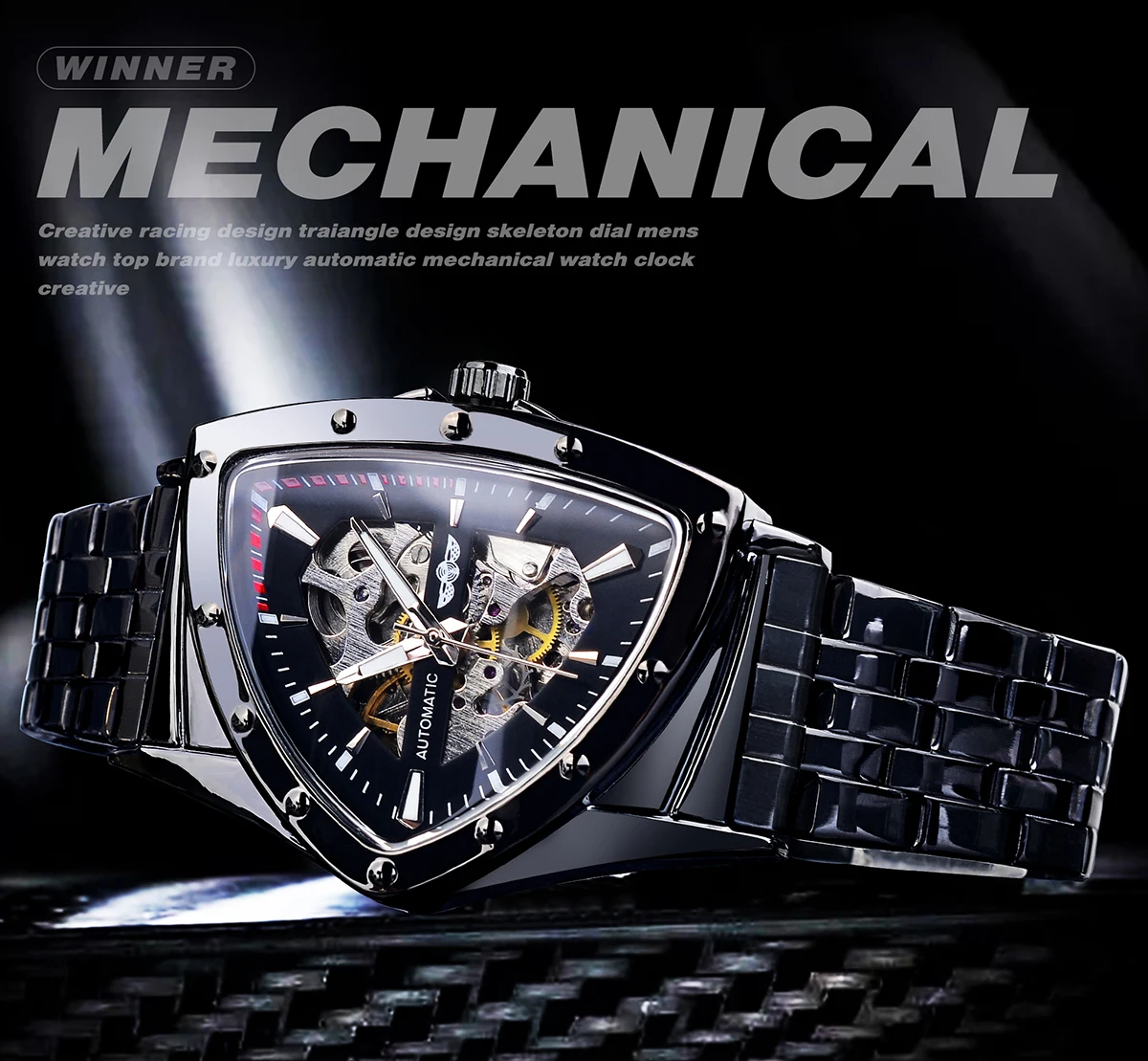 WINNER Black Skeleton Mechanical Watch Man Triangle Automatic Watches Stainless Steel Irregular Wristwatch Transparent Back Case