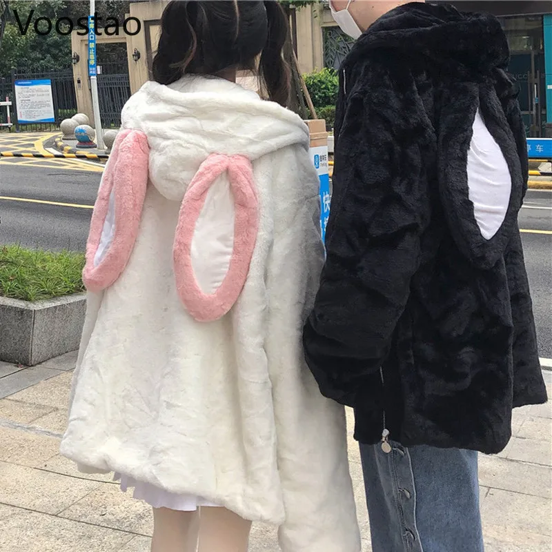 

Spring Autumn Gothic Harajuku Couple Hoodie Loose Cute Rabbit Ears Plush Hooded Outwear Winter Women Men Streetwear Warm Coats