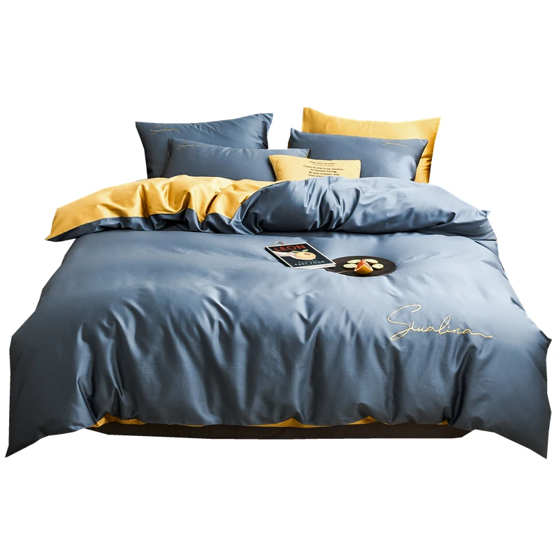 

2021 Four-piece bedding simple cotton double household bed sheet quilt cover embroidered piping comfortable bedding blue-yellow