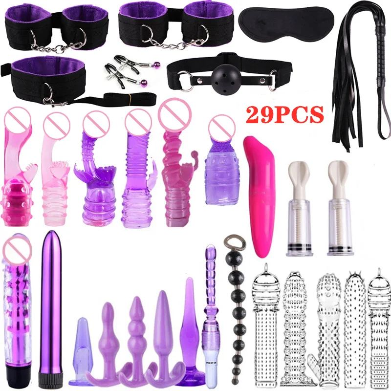 35Pcs BDSM Bondage Restraint Sex Handcuff Dildo Vibrator Masturbation Couple Anal Plug  Erotic Sex Product Adult Sex Toy Kit