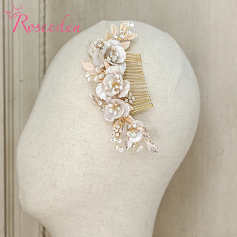 New Arrival Antique Gold Flower Bridal Hair Comb Fresh Water Pearl Wedding Hairpiece Women hair jewelry RE3910