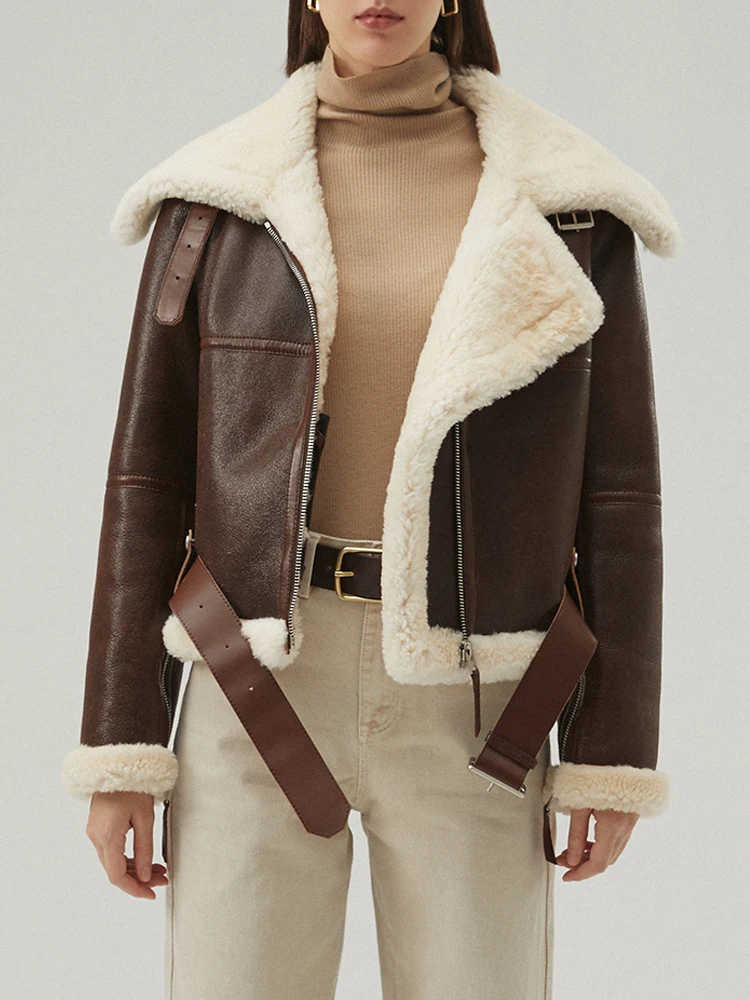 Denny & Dora ใหม่สตรี Shearling แจ็คเก็ตสีน้ําตาลหนังสั้นเสื้อขนสัตว์สตรีเสื้อฤดูหนาวธรรมชาติ Sheepskin Coat