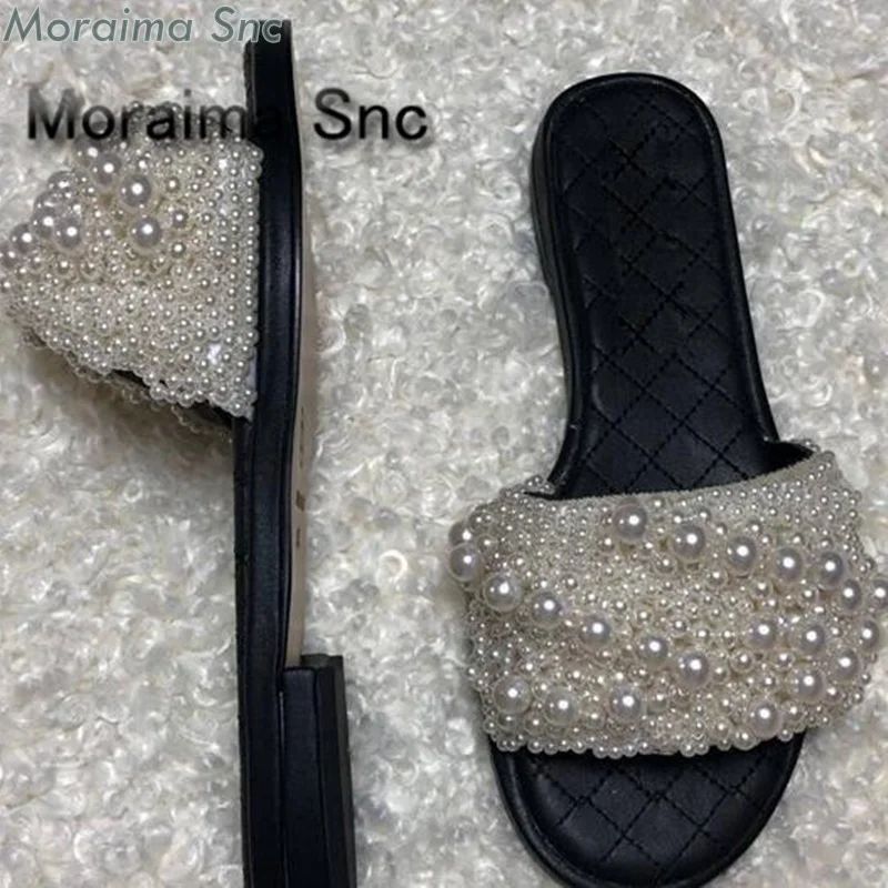 Moraima Snc-zapatos blancos y negros para mujer, zapatillas planas con cordón de perlas, Zapatillas de casa para verano